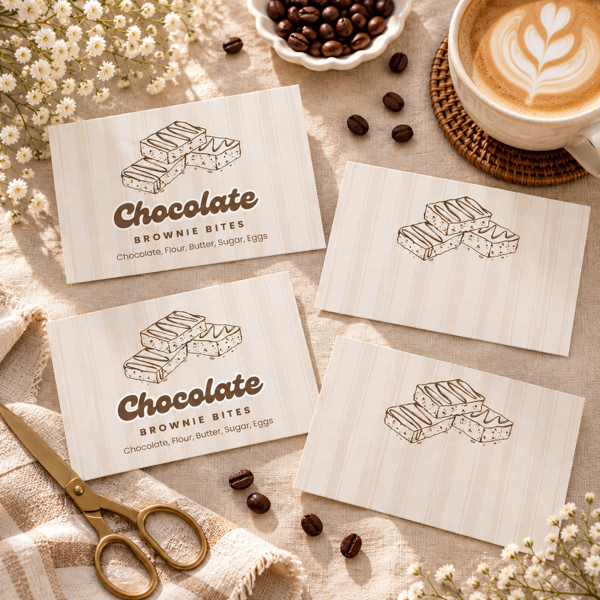 Flat lay of filled and blank Baby Is Brewing food labels with coffee beans and a latte