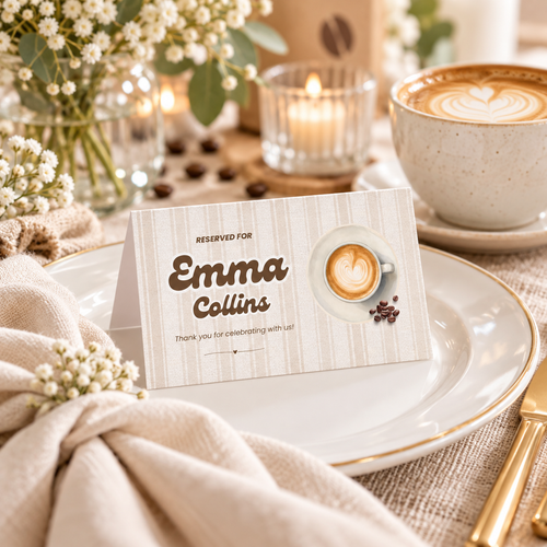 Baby Is Brewing folded place card on a plate at a coffee baby shower brunch table