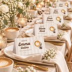 Row of Baby Is Brewing place cards with guest names on a long table