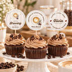 Baby Is Brewing cupcake toppers on mocha cupcakes on a cake stand at a coffee baby shower