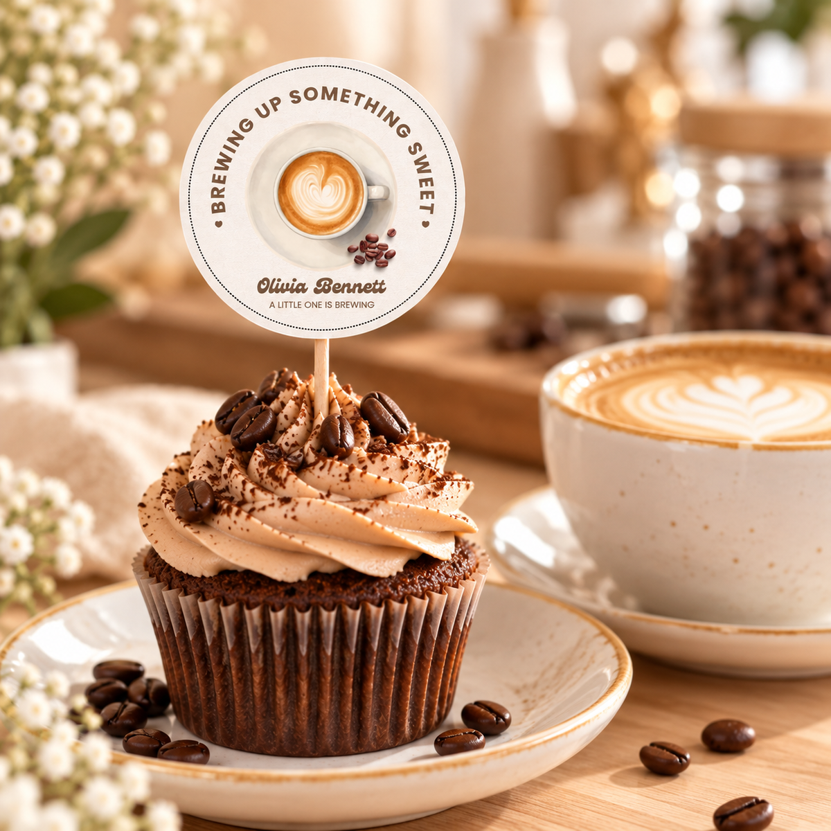 Brewing Up Something Sweet cupcake topper next to a latte