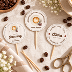 Printed Baby Is Brewing cupcake toppers on toothpicks with coffee beans