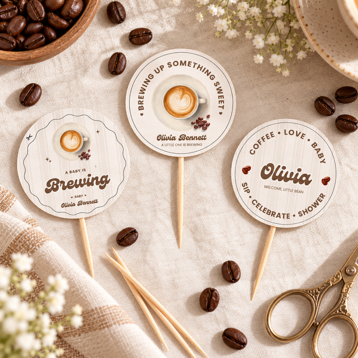 Printed Baby Is Brewing cupcake toppers on toothpicks with coffee beans