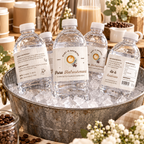 Baby Is Brewing water bottle labels wrapped on bottles in an ice bucket at a coffee baby shower drink station