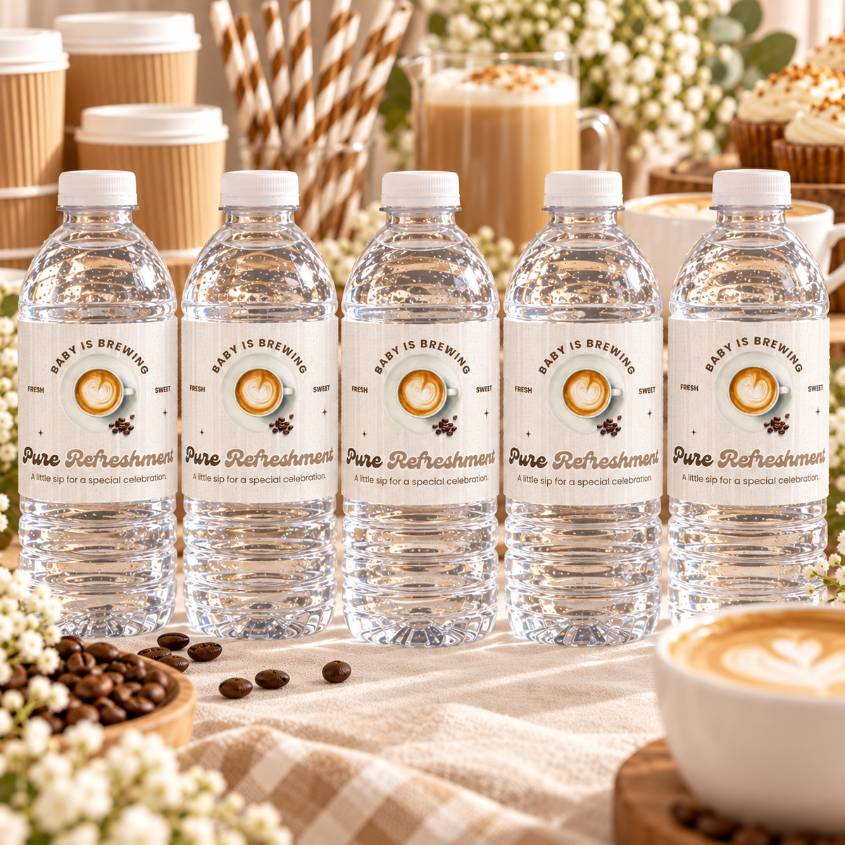 Row of water bottles with Baby Is Brewing coffee labels on a table with latte cups