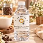 Close-up of one water bottle with a Baby Is Brewing Pure Refreshment label