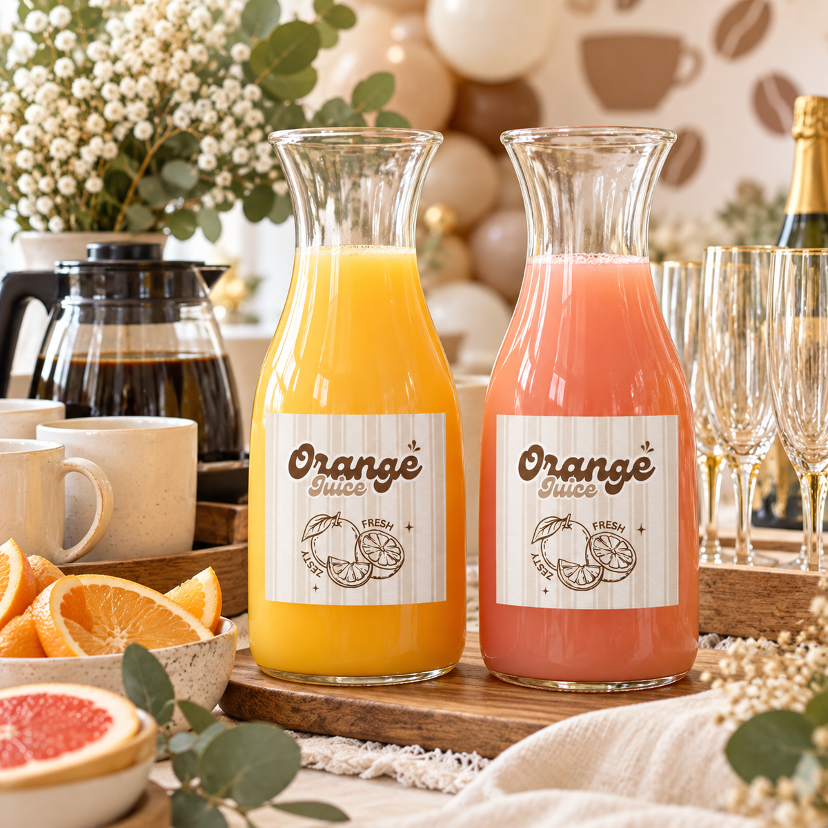 Baby Is Brewing juice labels on orange and grapefruit juice carafes at a coffee baby shower mimosa bar