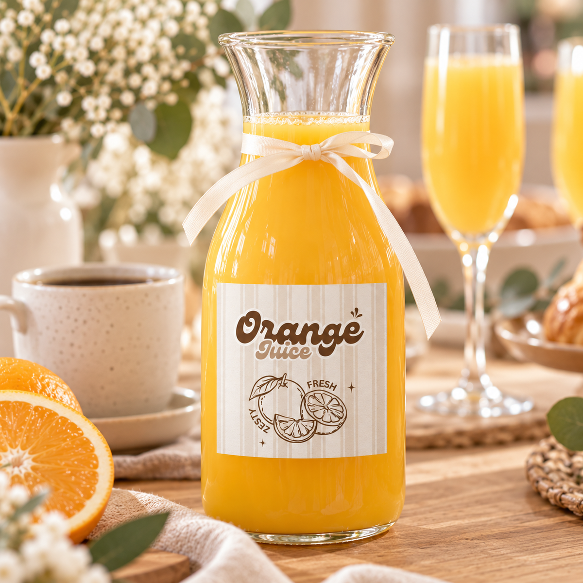Close-up of an orange juice bottle with a Baby Is Brewing juice label and ribbon