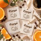 Printed Baby Is Brewing juice labels as stickers and tags with oranges and coffee beans