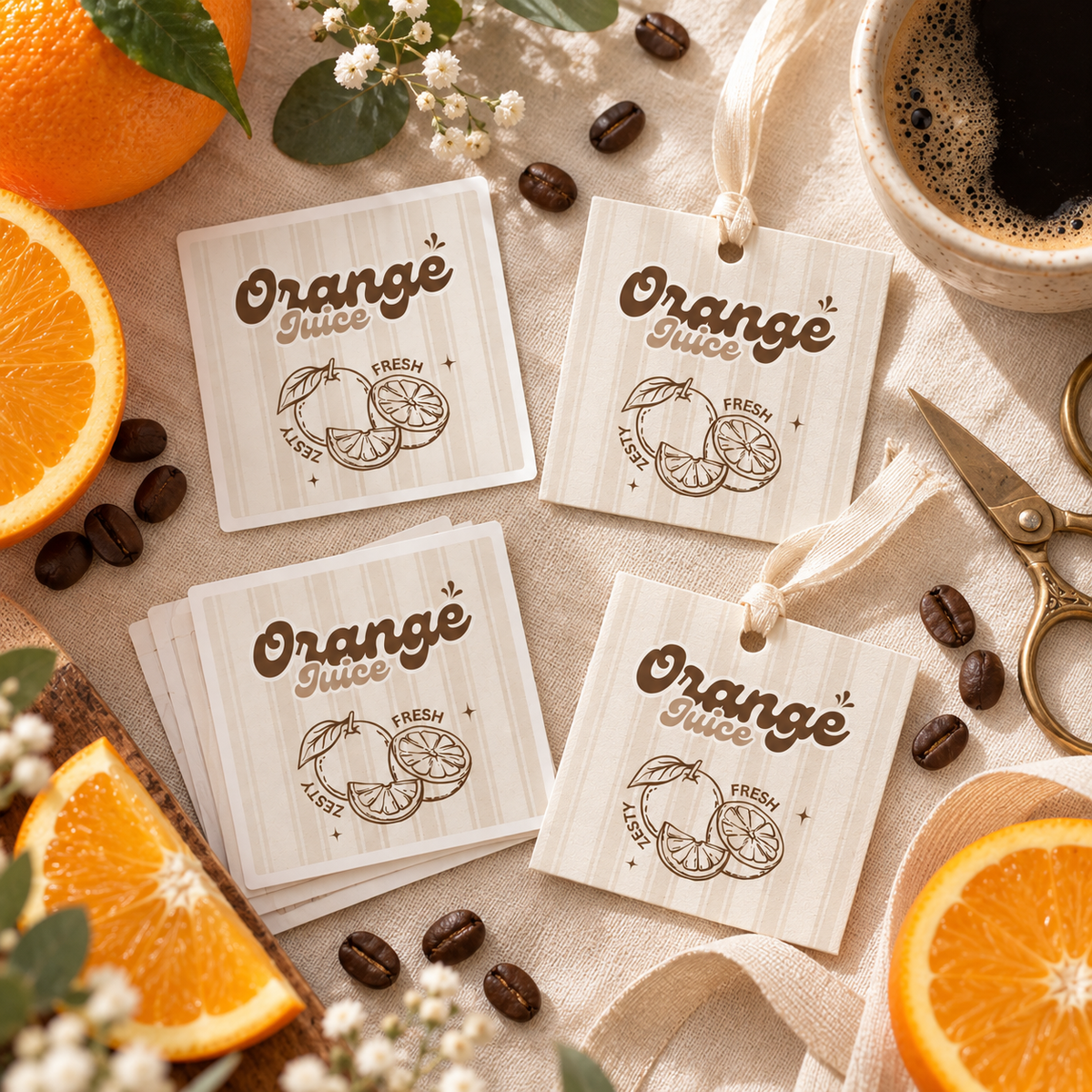Printed Baby Is Brewing juice labels as stickers and tags with oranges and coffee beans