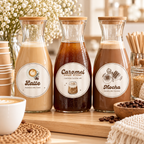 Baby Is Brewing coffee bar labels on latte, caramel cold brew and mocha carafes