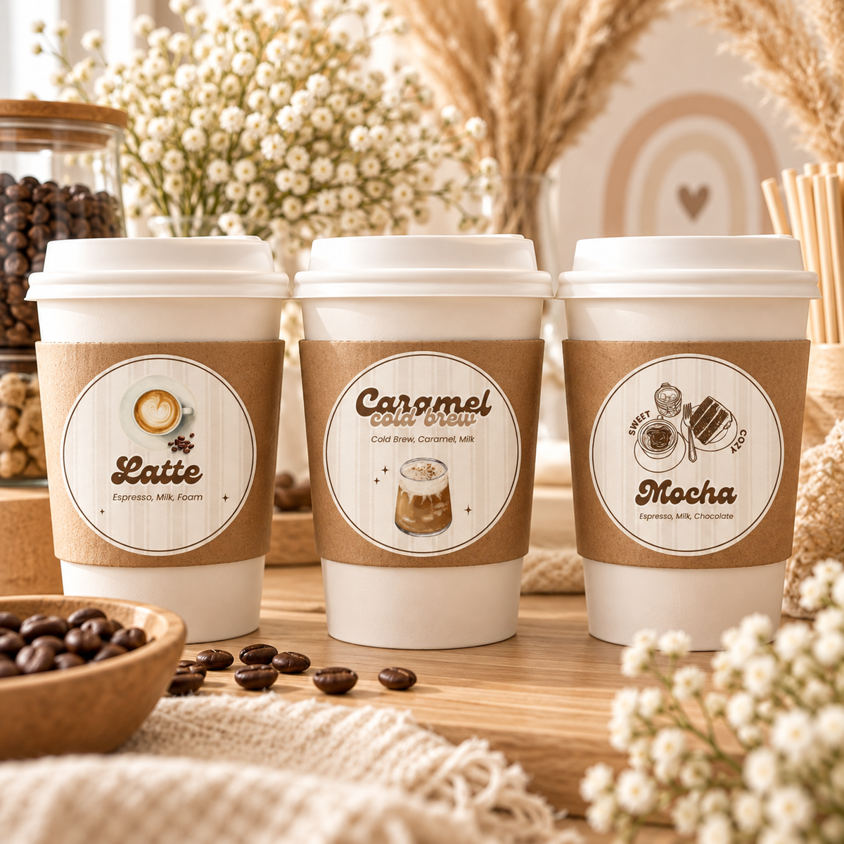 Baby Is Brewing round coffee labels as stickers on coffee cup sleeves