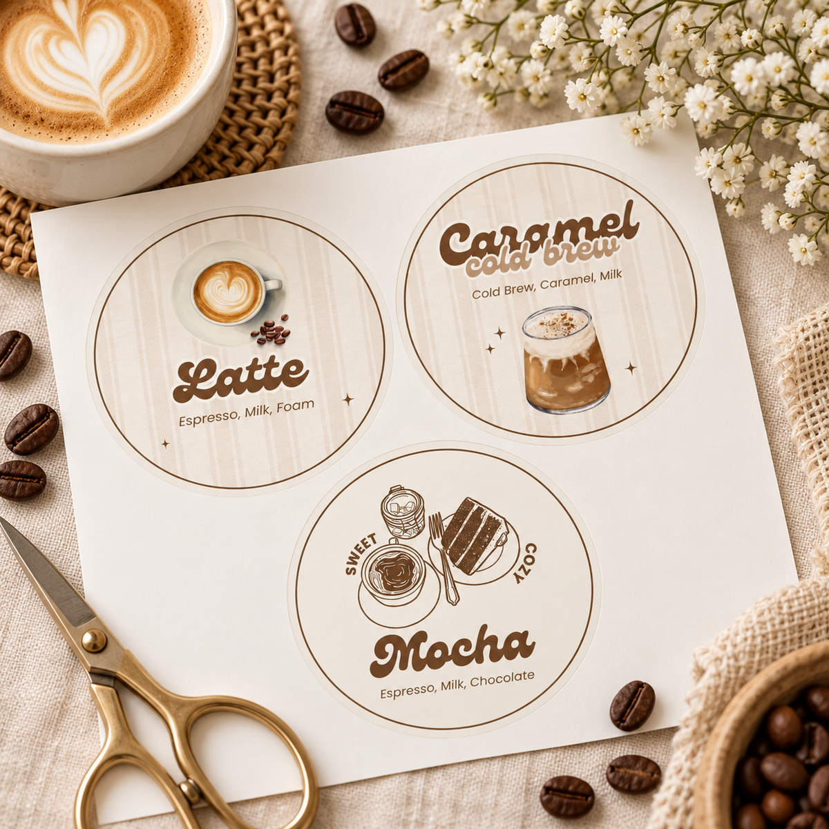 Three printed Baby Is Brewing coffee bar labels on a sticker sheet