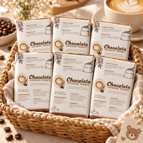 Baby Is Brewing chocolate bar wrappers as favors in a basket at a coffee baby shower