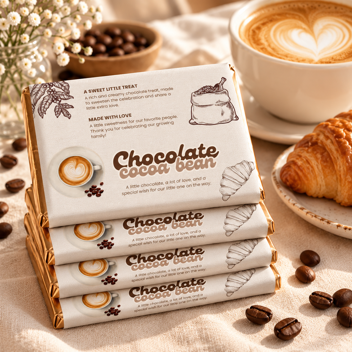 Stack of wrapped chocolate bars with coffee beans and a latte