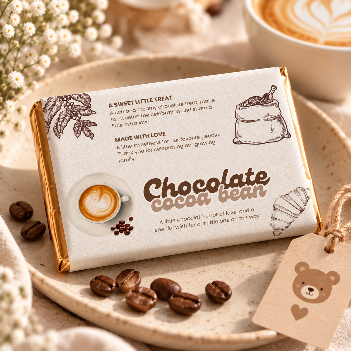 Close-up of one Baby Is Brewing chocolate bar wrapper