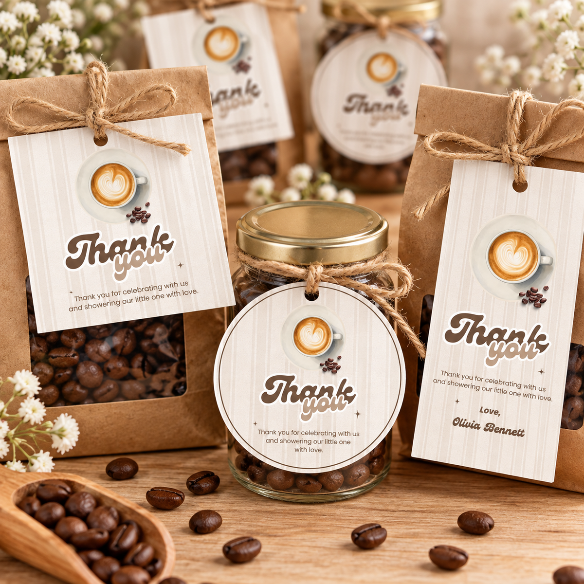 Baby Is Brewing favor tags tied with twine to kraft coffee bean bags and mini coffee jars