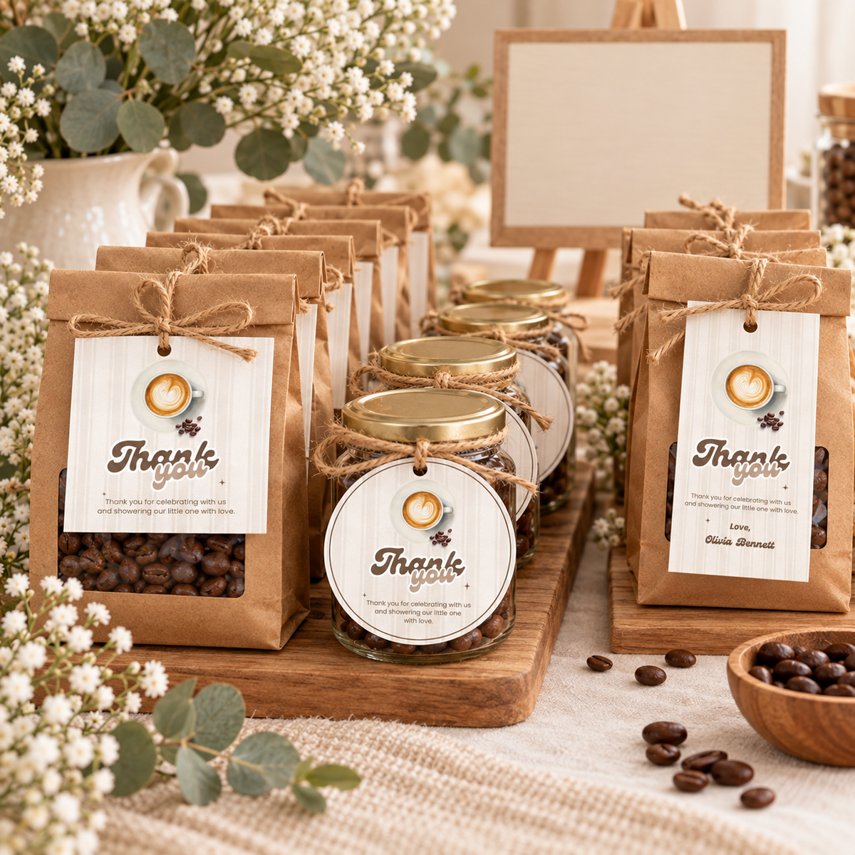 Coffee baby shower favor table with Baby Is Brewing favor tags
