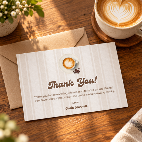 Baby Is Brewing coffee baby shower thank you card with kraft envelope and latte on a wooden table