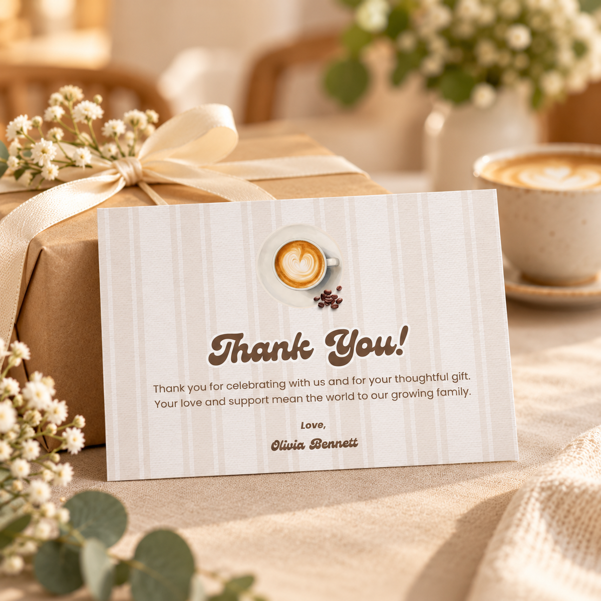 Baby Is Brewing thank you note propped against a kraft wrapped gift