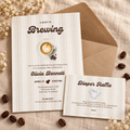 Baby Is Brewing diaper raffle card tucked in front of the matching coffee baby shower invitation with a kraft envelope and coffee beans
