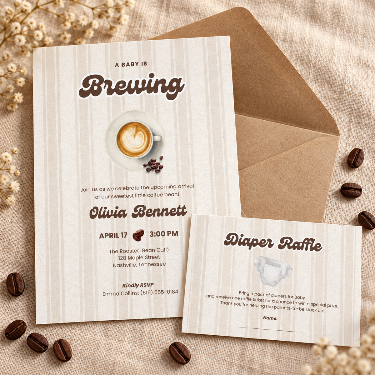 Baby Is Brewing diaper raffle card tucked in front of the matching coffee baby shower invitation with a kraft envelope and coffee beans