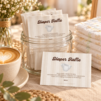Printed diaper raffle cards in a glass jar next to a stack of diapers and a latte