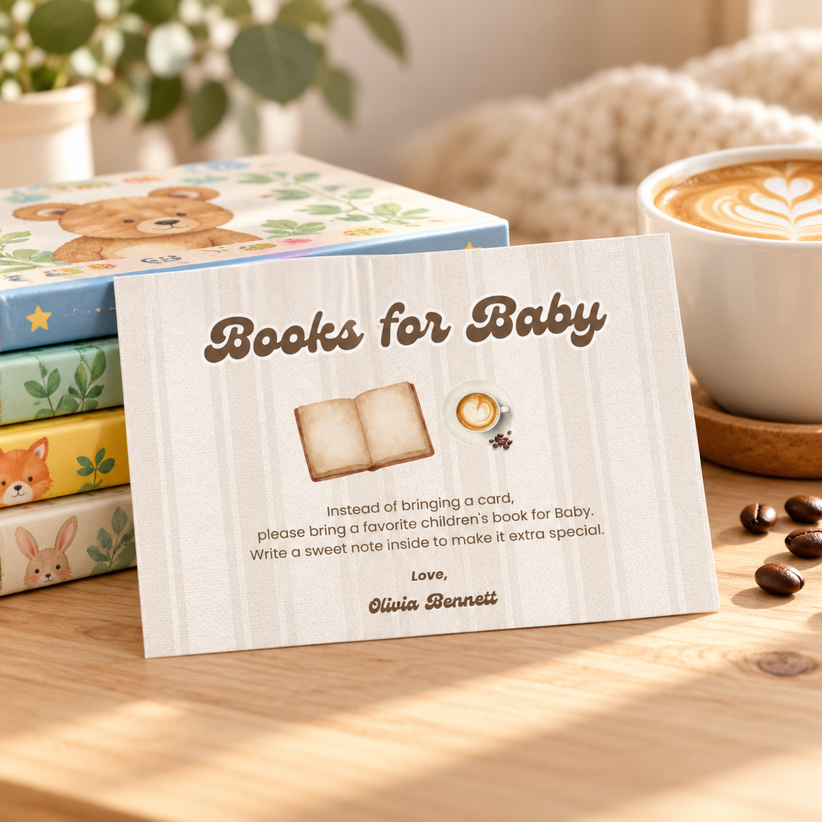 Baby Is Brewing books for baby card on a stack of children's books with a latte