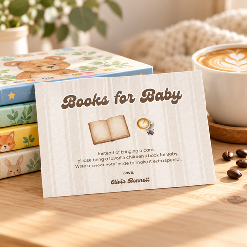 Baby Is Brewing books for baby card on a stack of children's books with a latte
