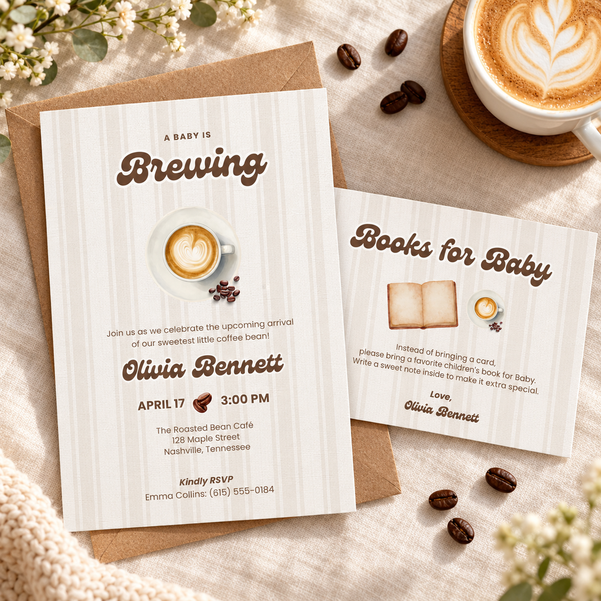 Books for baby card with the matching Baby Is Brewing coffee baby shower invitation and kraft envelope