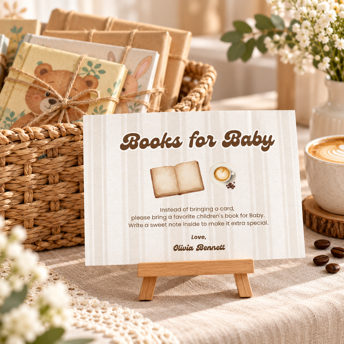 Books for baby sign on an easel beside a basket of wrapped children's books