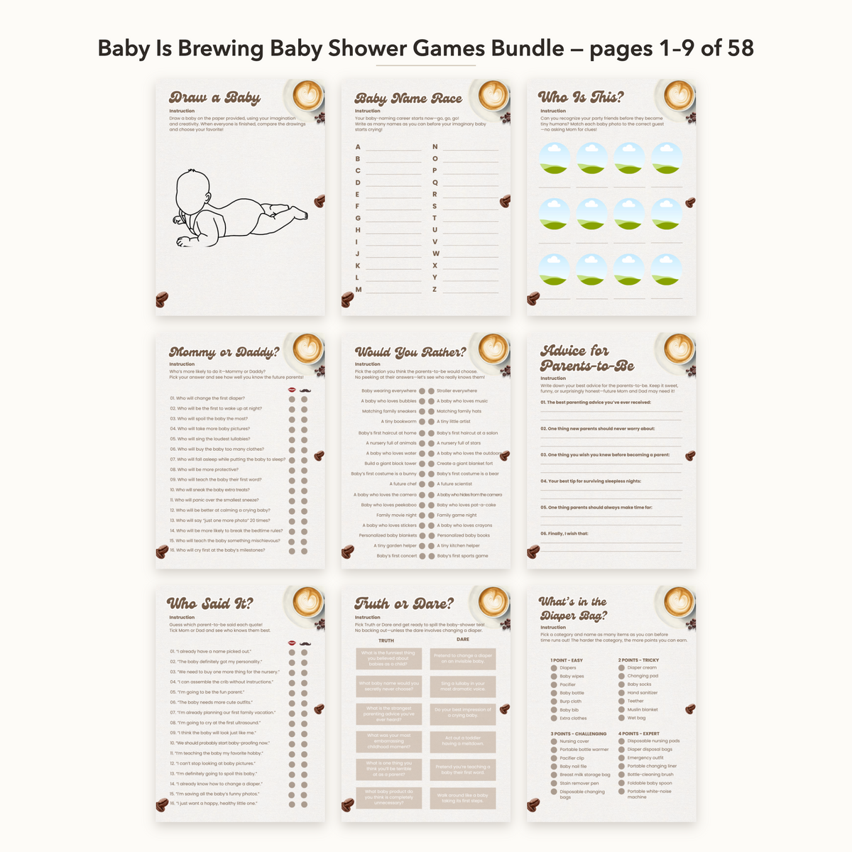Baby Is Brewing Baby Shower Games Bundle – all pages 1–9