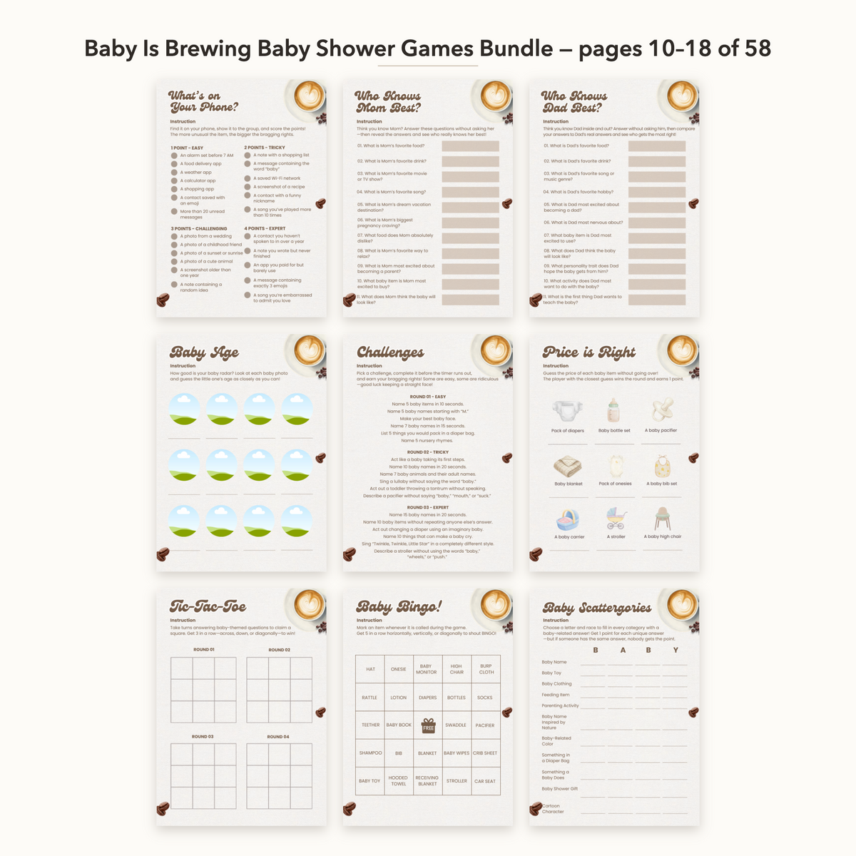 Baby Is Brewing Baby Shower Games Bundle – all pages 10–18