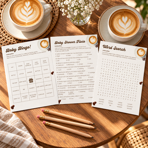 Baby Is Brewing baby shower game cards fanned on a cafe table with lattes and pencils