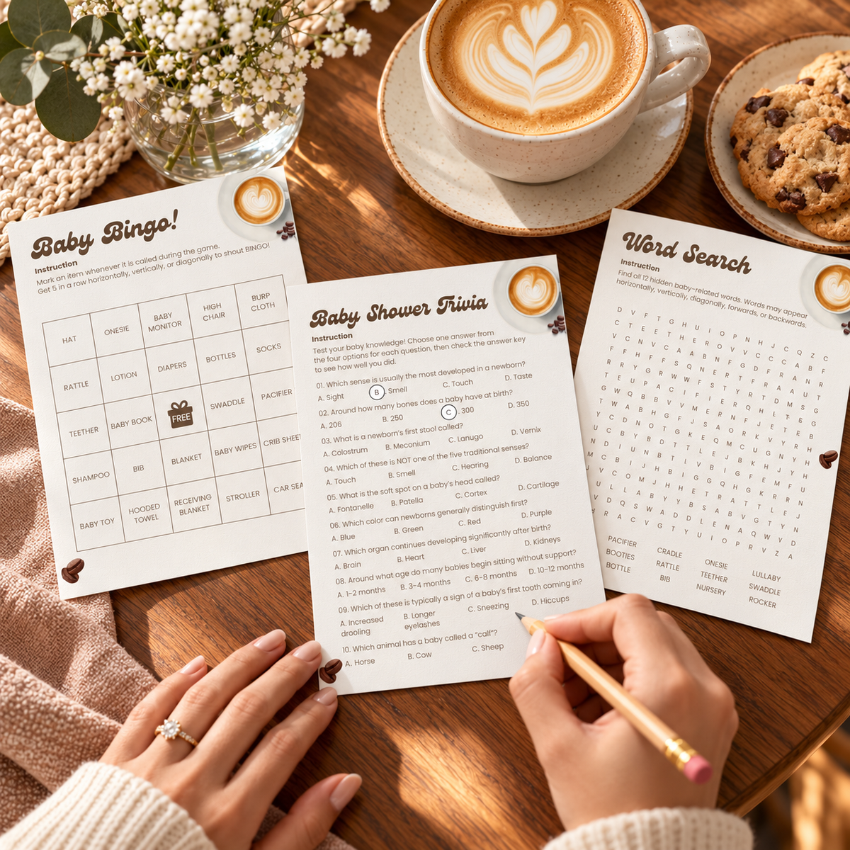 Guest filling in the Baby Is Brewing baby shower trivia game at a coffee shower