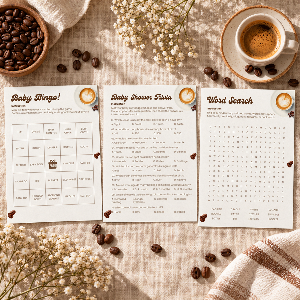 Baby Is Brewing bingo, trivia and word search game cards on linen with coffee beans