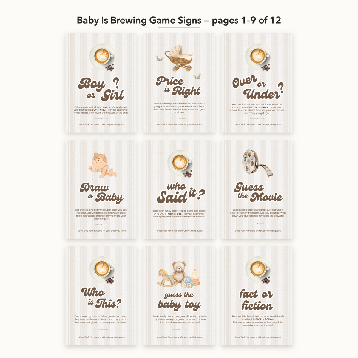 Baby Is Brewing Game Signs – all pages 1–9