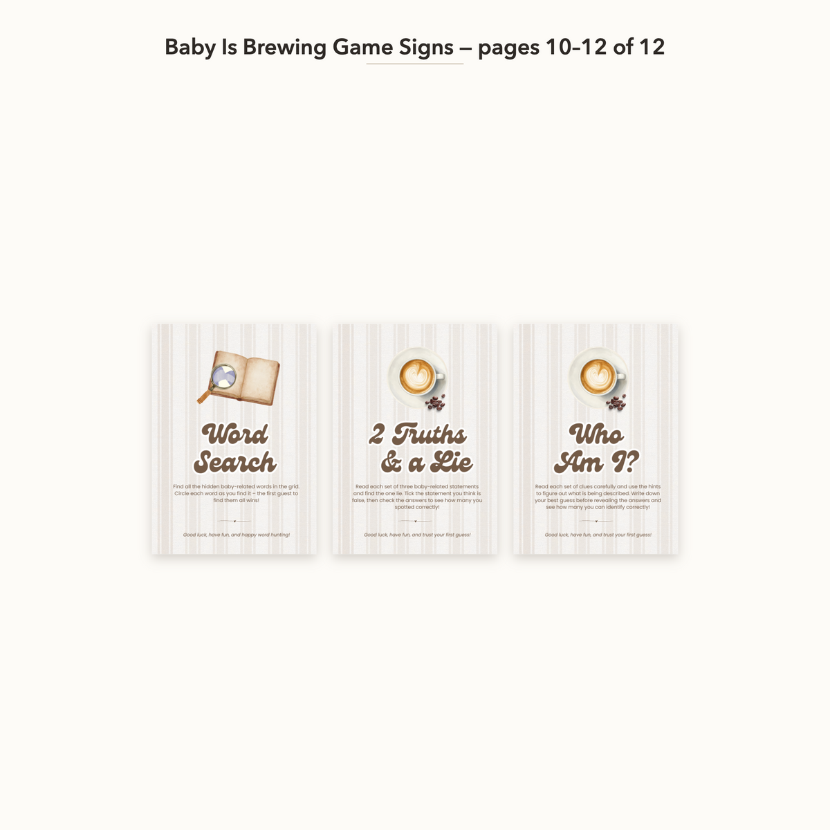 Baby Is Brewing Game Signs – all pages 10–12