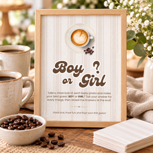 Baby Is Brewing Boy or Girl baby shower game sign in a wooden frame on a coffee themed game table