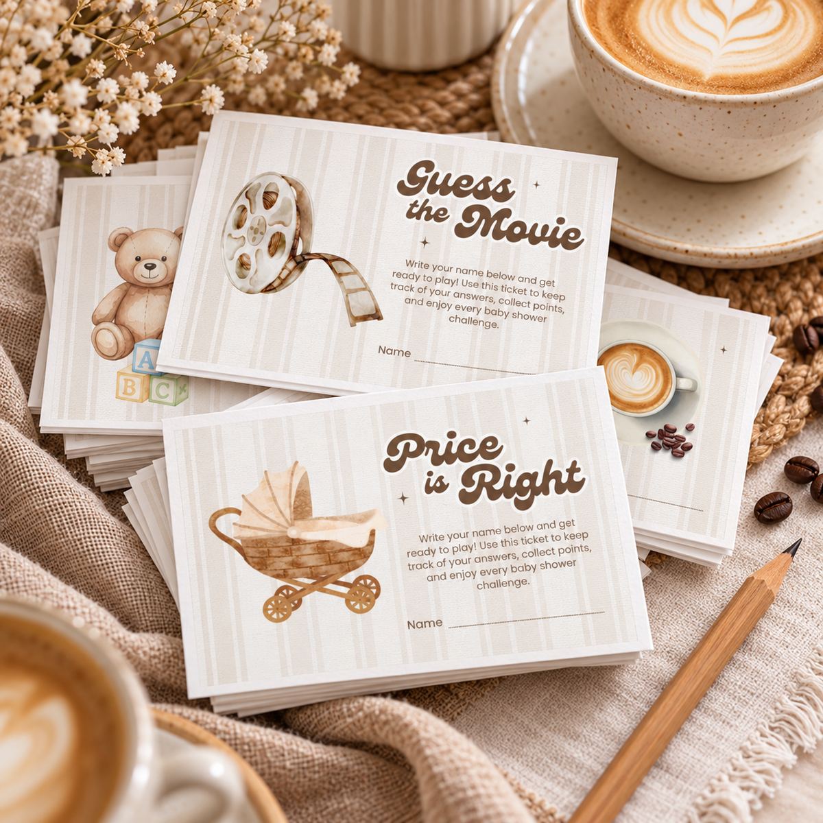 Baby Is Brewing baby shower game tickets stacked on a coffee themed shower table with a pencil