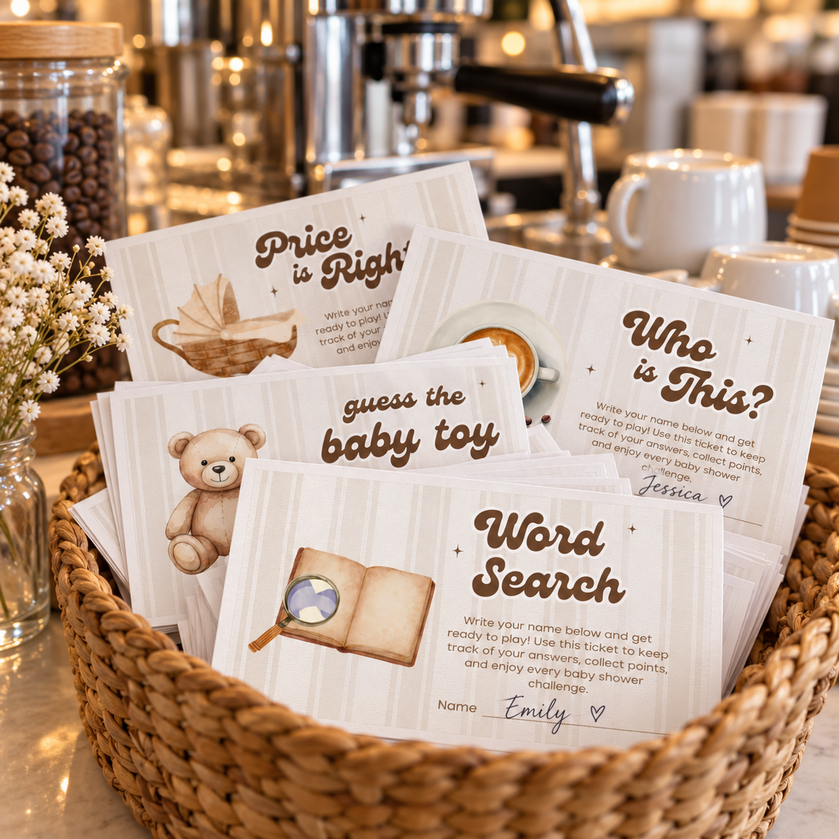 Baby Is Brewing game tickets collected in a woven basket on a cafe counter