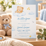 Little Bear baby shower invitation on a nursery table with a teddy bear and greenery