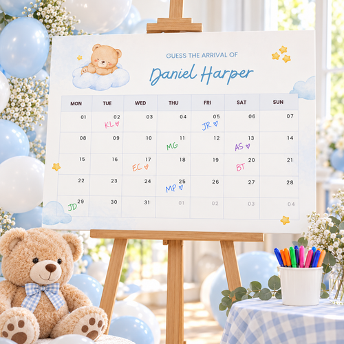 Little Bear due date calendar poster on an easel at a blue teddy bear baby shower with guest initials and markers