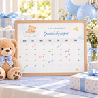 Framed Little Bear due date calendar on a gift table with a teddy bear