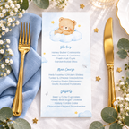 Flat lay of the Little Bear baby shower menu card with a blue napkin and gold cutlery