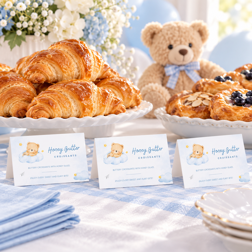 Little Bear baby shower food tent cards in front of croissants on a blue teddy bear buffet