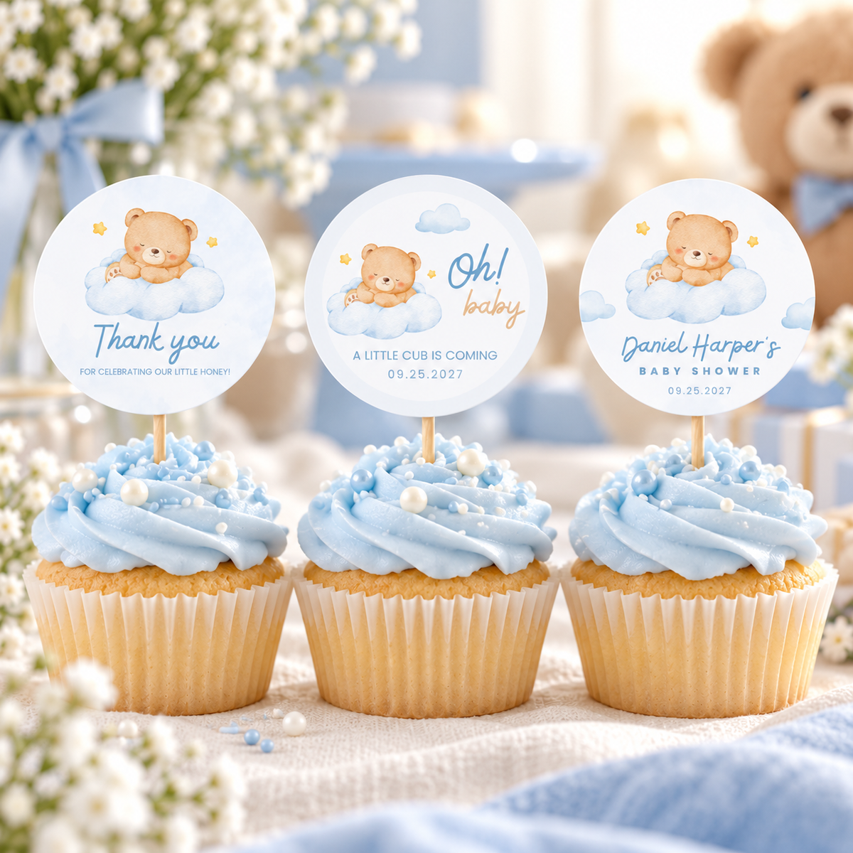 Close-up of three Little Bear cupcake toppers: Thank you, Oh baby and name topper