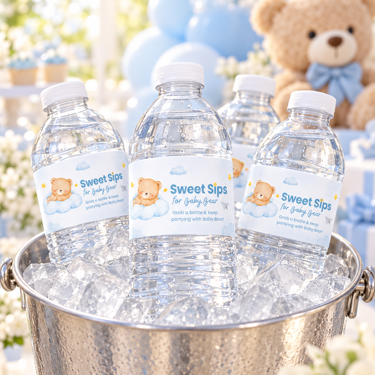 Little Bear water bottle labels on bottles in an ice bucket at a teddy bear baby shower