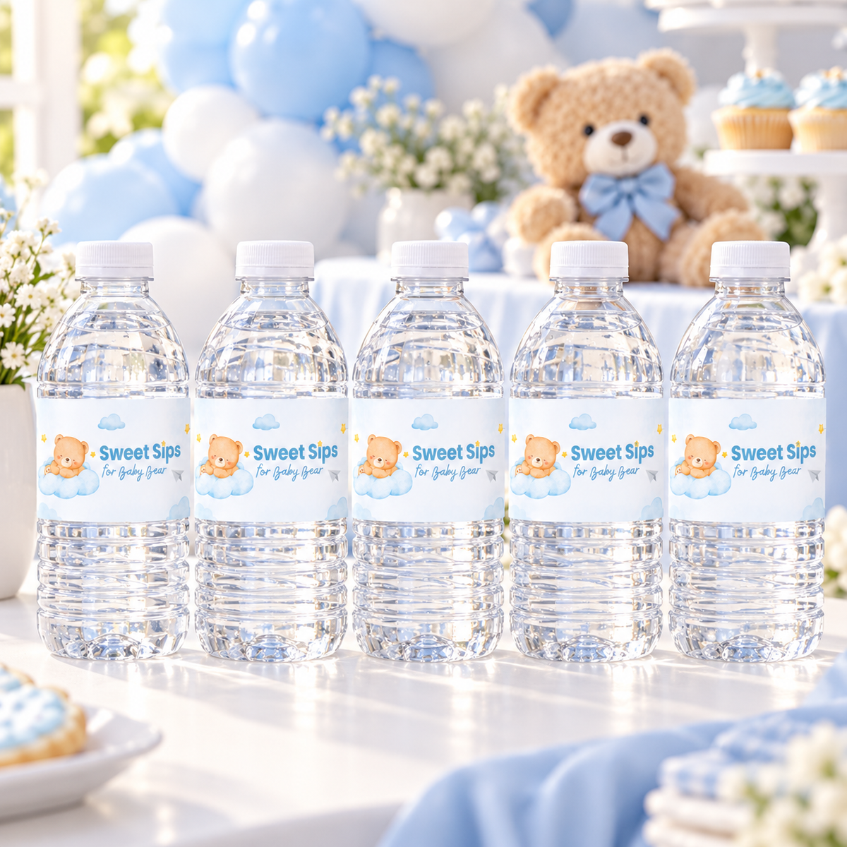 Row of water bottles with Little Bear labels on a drinks table with blue balloons