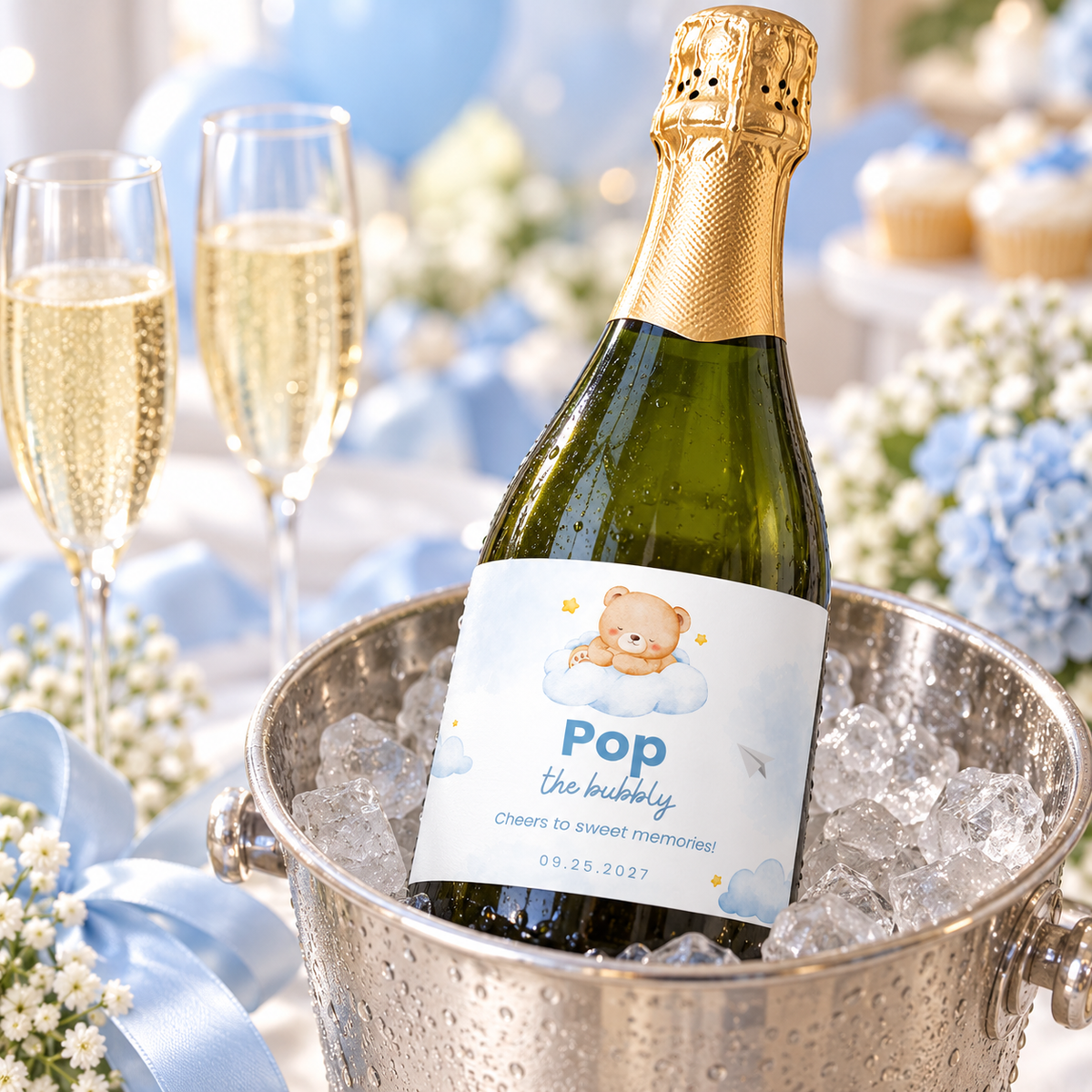 Little Bear Pop the bubbly champagne label on a bottle in an ice bucket